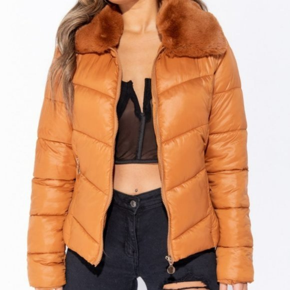 Long Sleeve Faux Fur Collar Padded Puffer Jacket - Picture 7 of 9